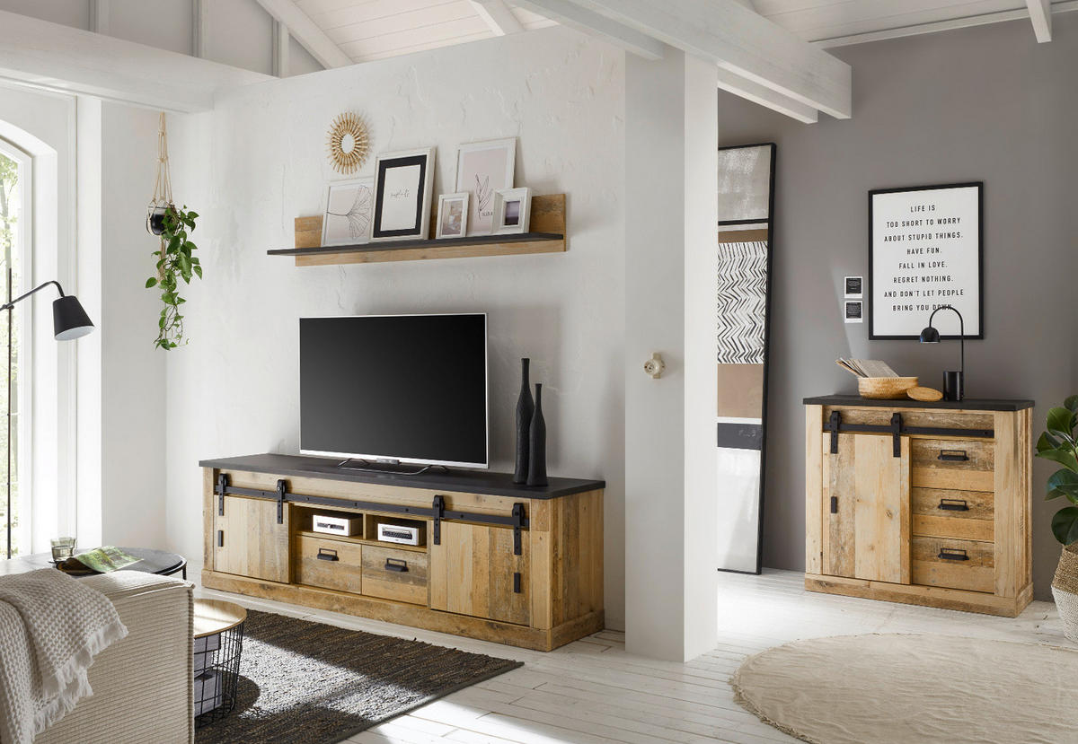 WOHNWAND Used Wood hell, anthrazit 3-teilig 314 cm, Schrankwand mit Soft-Close - Anthrazit/Schwarz, Holzwerkstoff/Metall (314/180/43cm) - Furn.Design