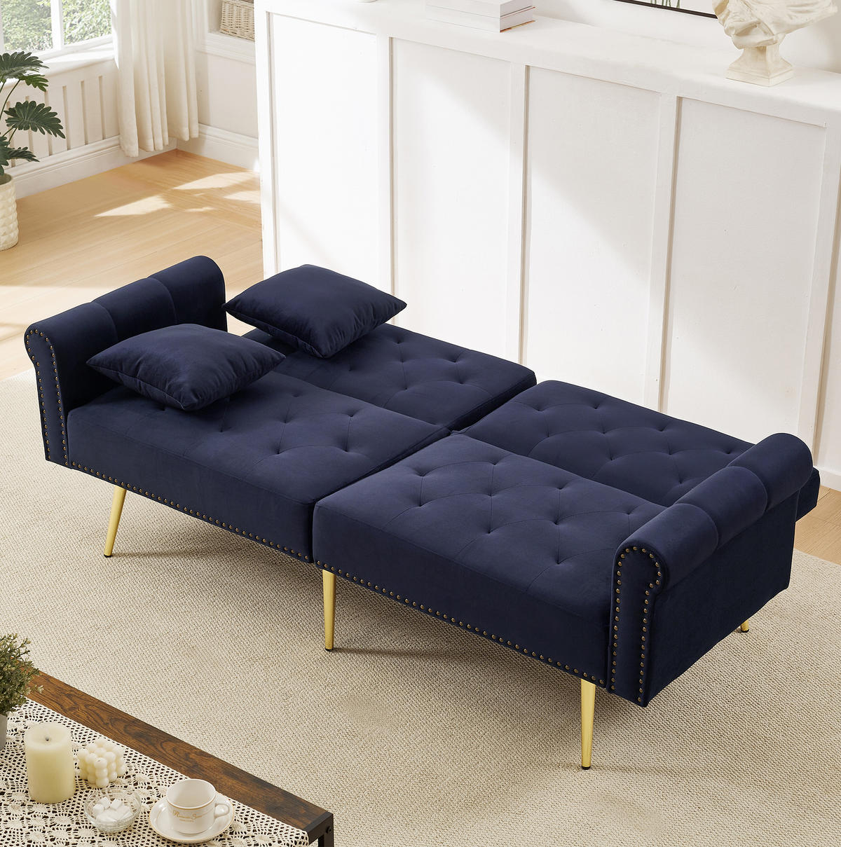 SOFA na razvlačenje od baršuna, 147/85 cm antique plava, dvosjed s podesivim naslonom - plava, plastika (173/70/75cm) - BEAOK