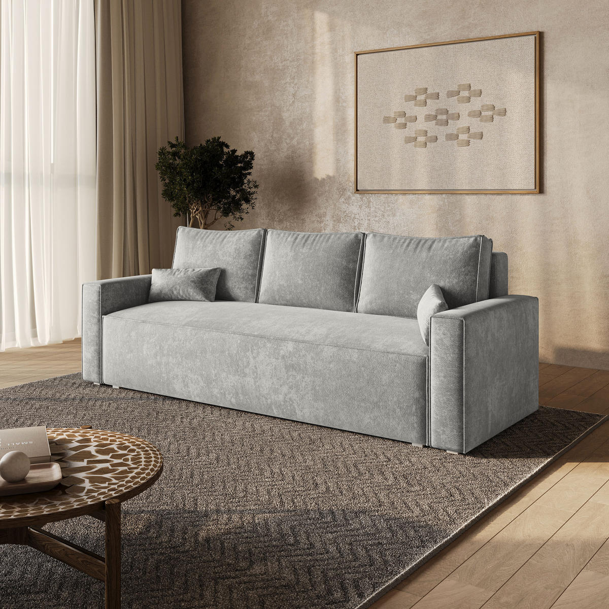 BETTSOFA MENI LM Hellgrau Chenille-Stoff mit Schlaffunktion - Hellgrau, Textil (232/85/87cm) - MASSENO