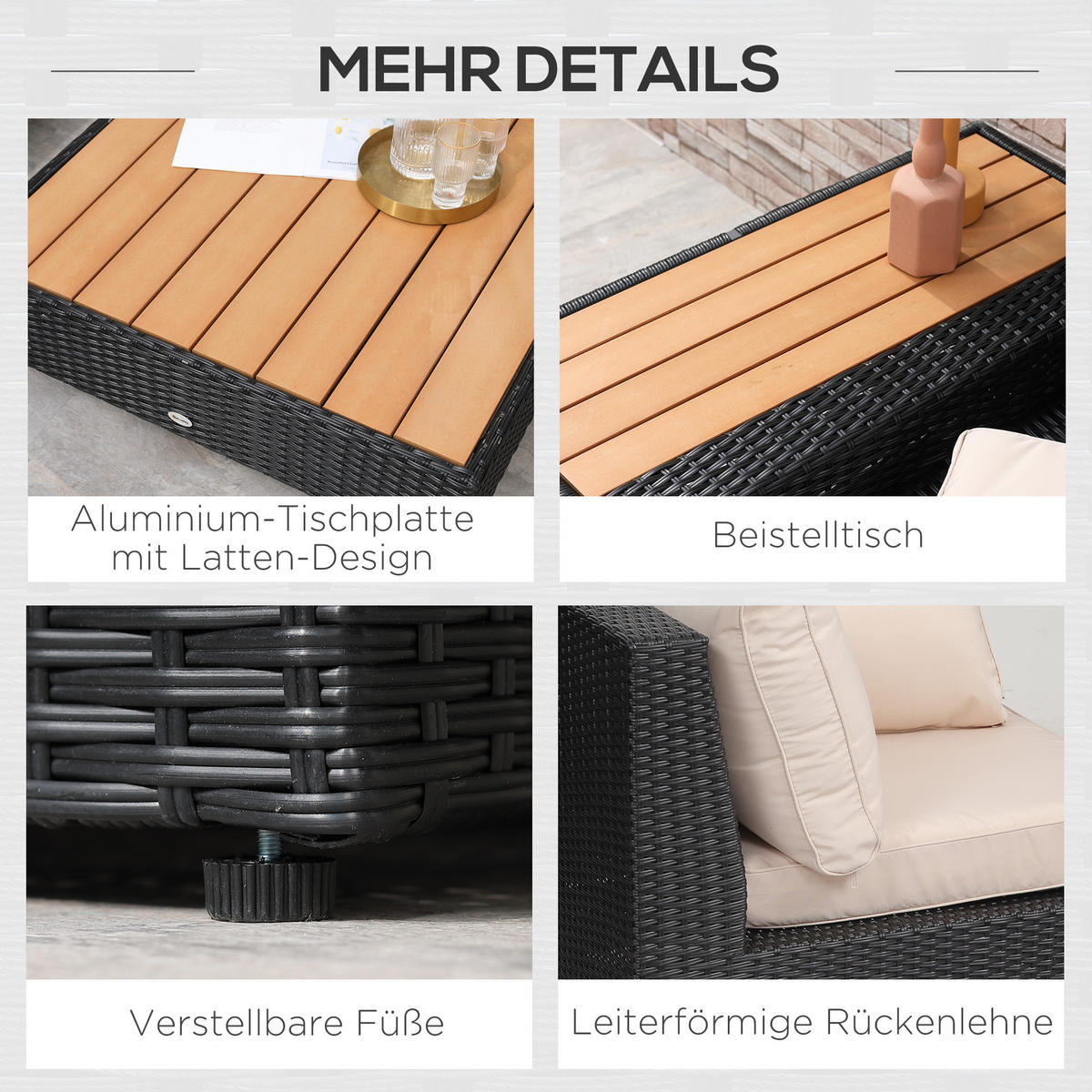 GARTENGARNITUR, 4-tlg. Luxus Polyrattan, Gartenmöbel Garten-Set, Schwarz - Schwarz, Metall - Outsunny