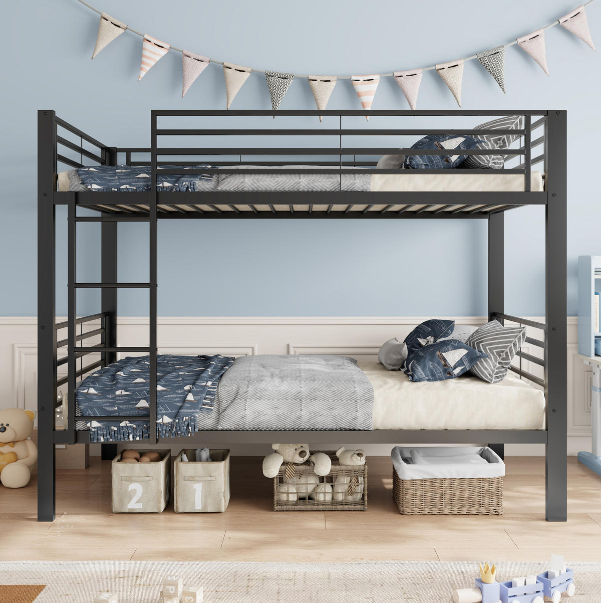ETAGENBETT aus Metall 90x200 cm Schwarz mit beidseitig montierbarer Leiter - Schwarz, Metall (90/200cm) - Modfu
