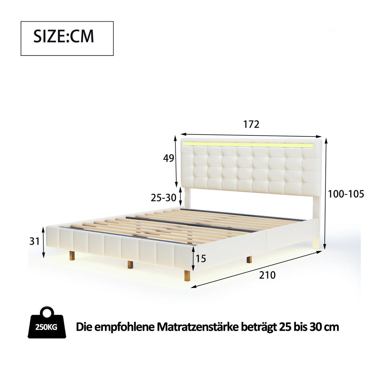 POLSTERBETT 160x200 cm LED schwebend Lattenrost beige - Beige, Holz (160/200cm) - LEBENLANG