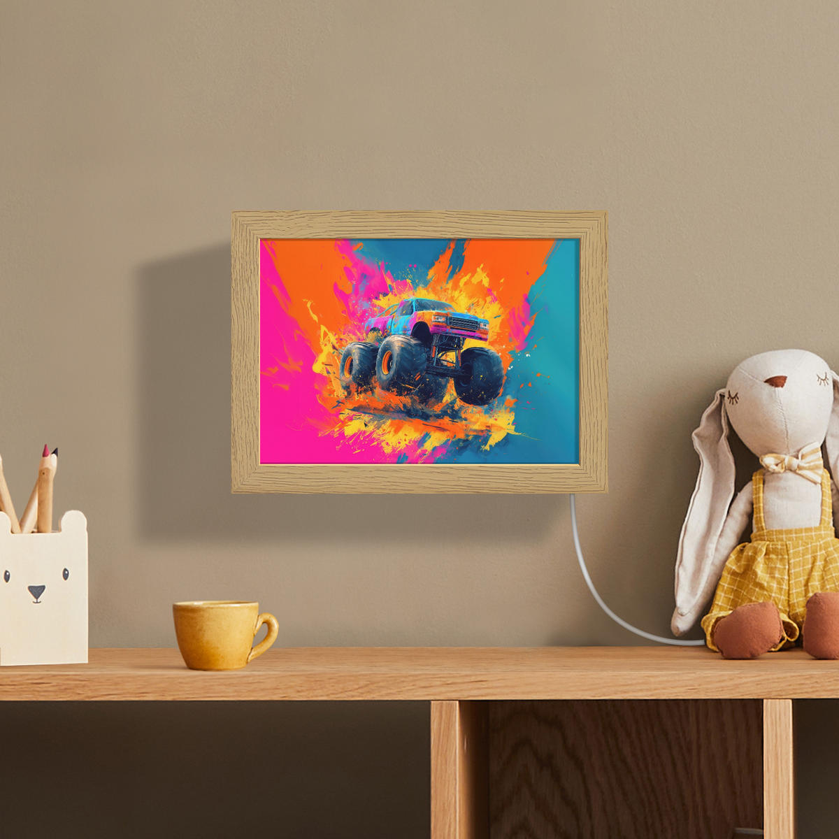 NÁSTĚNNÁ LAMPA Monster truck - Abstraktní - Stříkající barva - Barevné 20x15 cm - růžová, kompozitní dřevo (20/15/8cm) - OnlyWow