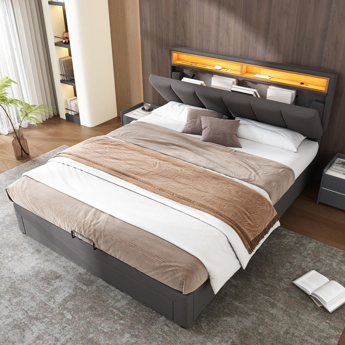 POLSTERBETT 140/200 cm Grau mit LED-Beleuchtung und hydraulischem Stauraum - Grau, Textil (140/200cm) - OKWISH