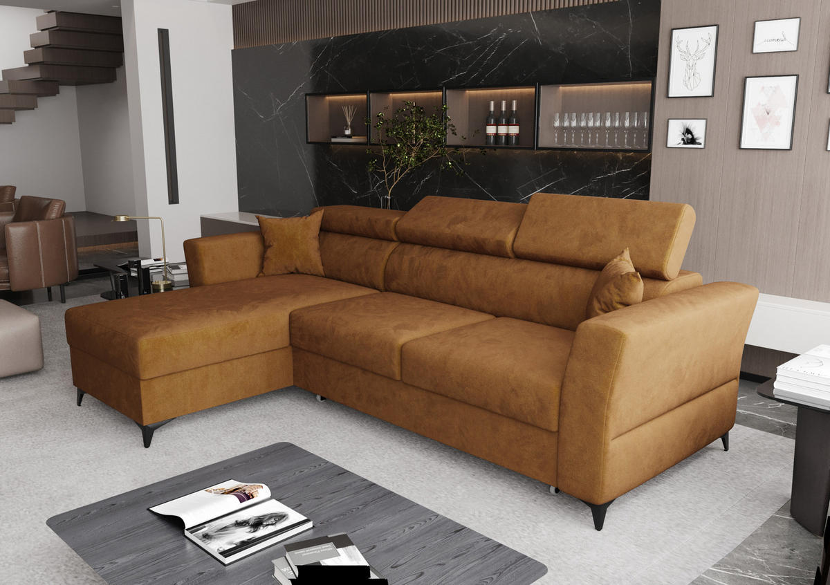 ECKSOFA L Form Ribella Bernstein 265/180/100 cm Links mit Schlaffunktion - Gelb/Schwarz, Textil/Metall (180/265cm) - AX Living