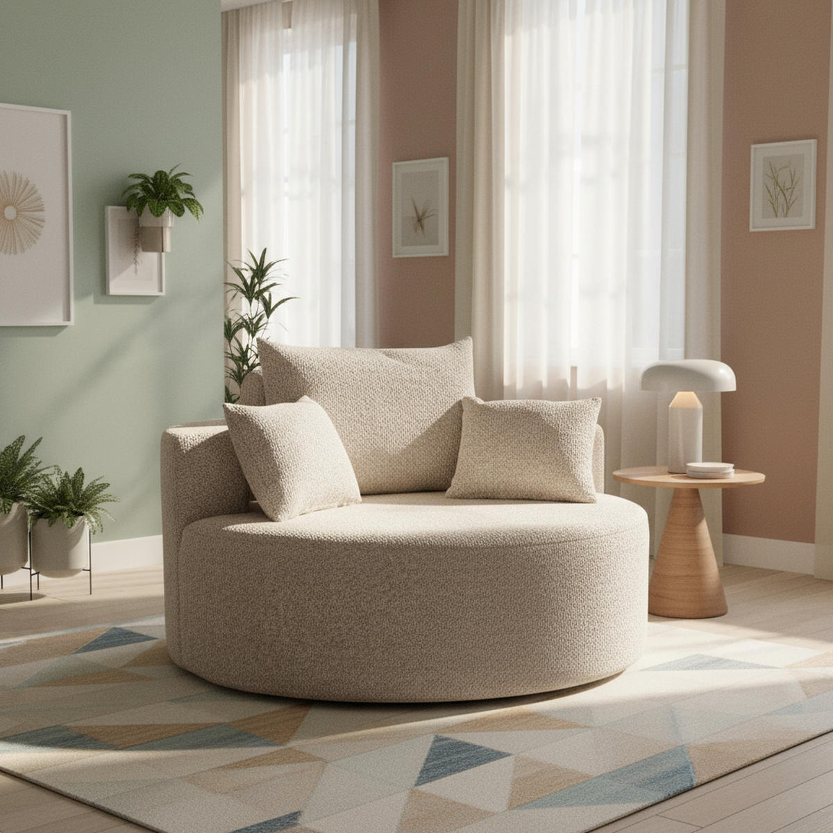 EINZELSESSEL aus Chenille in Khaki – rundes Cloud-Design & ohne Montage - Schlammfarben, Textil (127/85/127cm) - Urban Meuble