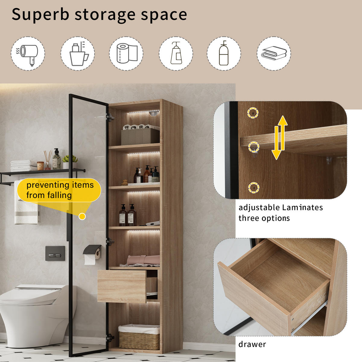 HOCHSCHRANK Naturfarben mit Glastür, Schublade und Lichtleiste 40/34,5/165 cm - Naturfarben, Holzwerkstoff (40/165/34.5cm) - PANGIVO