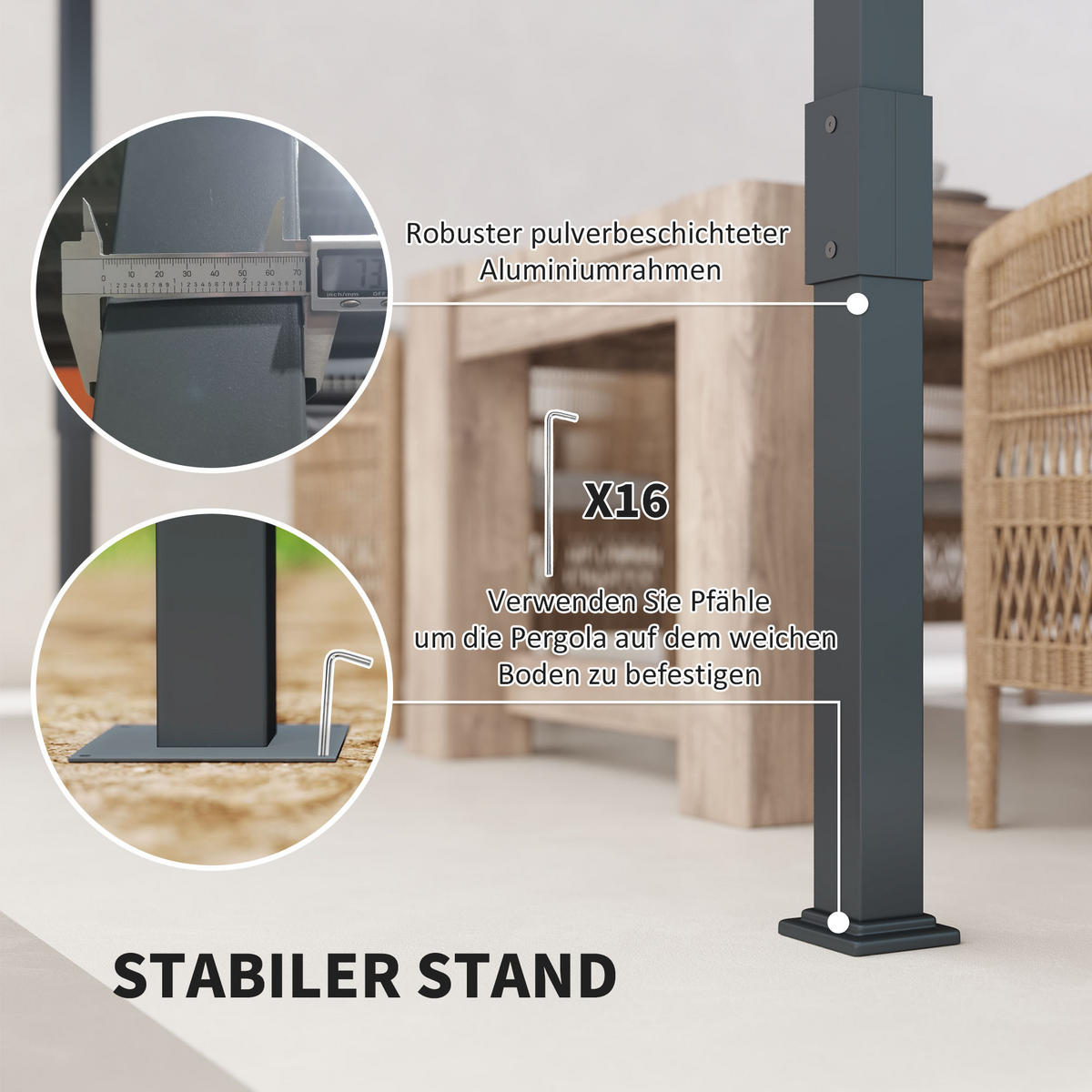 PERGOLA Pavillon ca. 3,5x3m Aluminium Stabil winterfest Sonnenschutz mit verstellbares Schiebedach Grau - Grau, Metall (358/245/320cm)