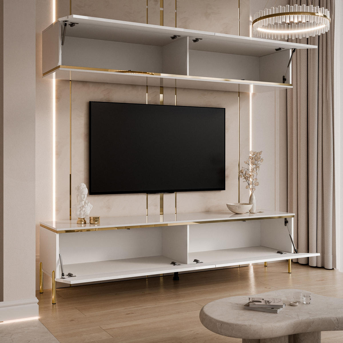 WOHNWAND AURORA in Weiß hochglanz mit gerade Goldchrom Fuße - Weiß Hochglanz/Goldfarben, Holzwerkstoff/Metall (180/46/40cm) - Lookway