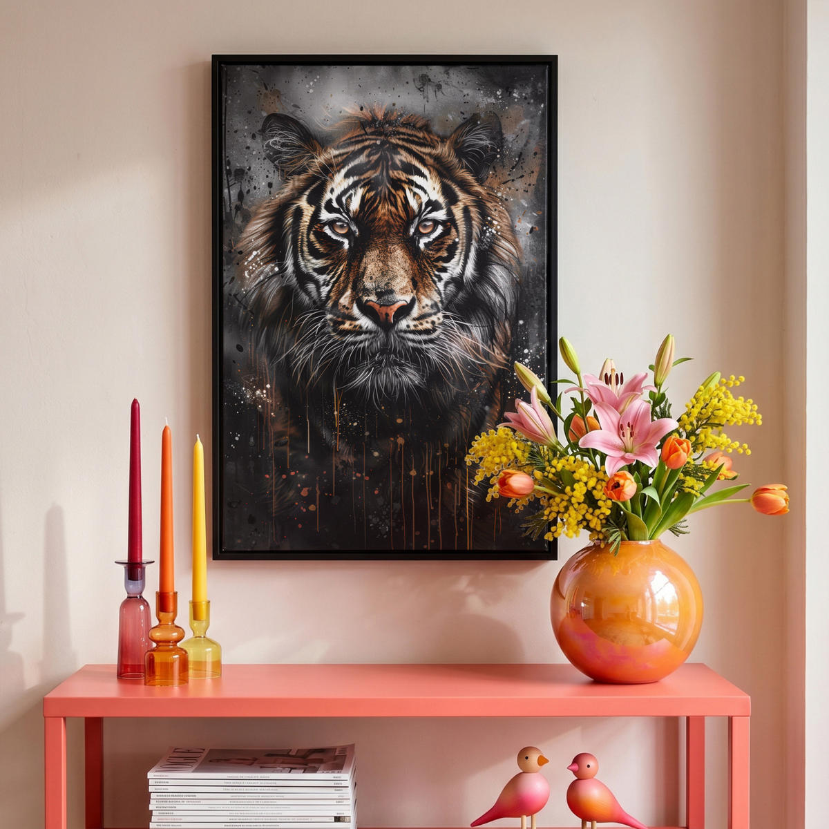 LEINWAND Bilder mit Rahmen - Tiger - Tiere - Porträt - Luxus - Schwarz - 40x60 - Braun, Textil (40/60cm) - MuchoWow