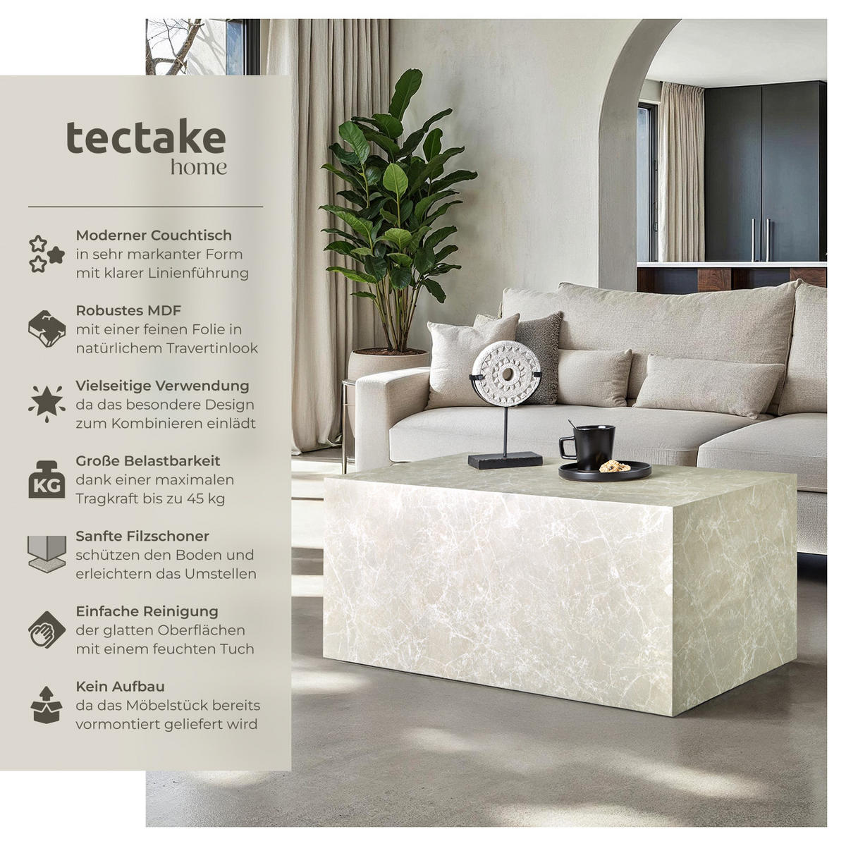 COUCHTISCH Lasley,90 x 50 x 40 cm,Travertin Optik - Beige, Holz (50/90/40cm) - tectake