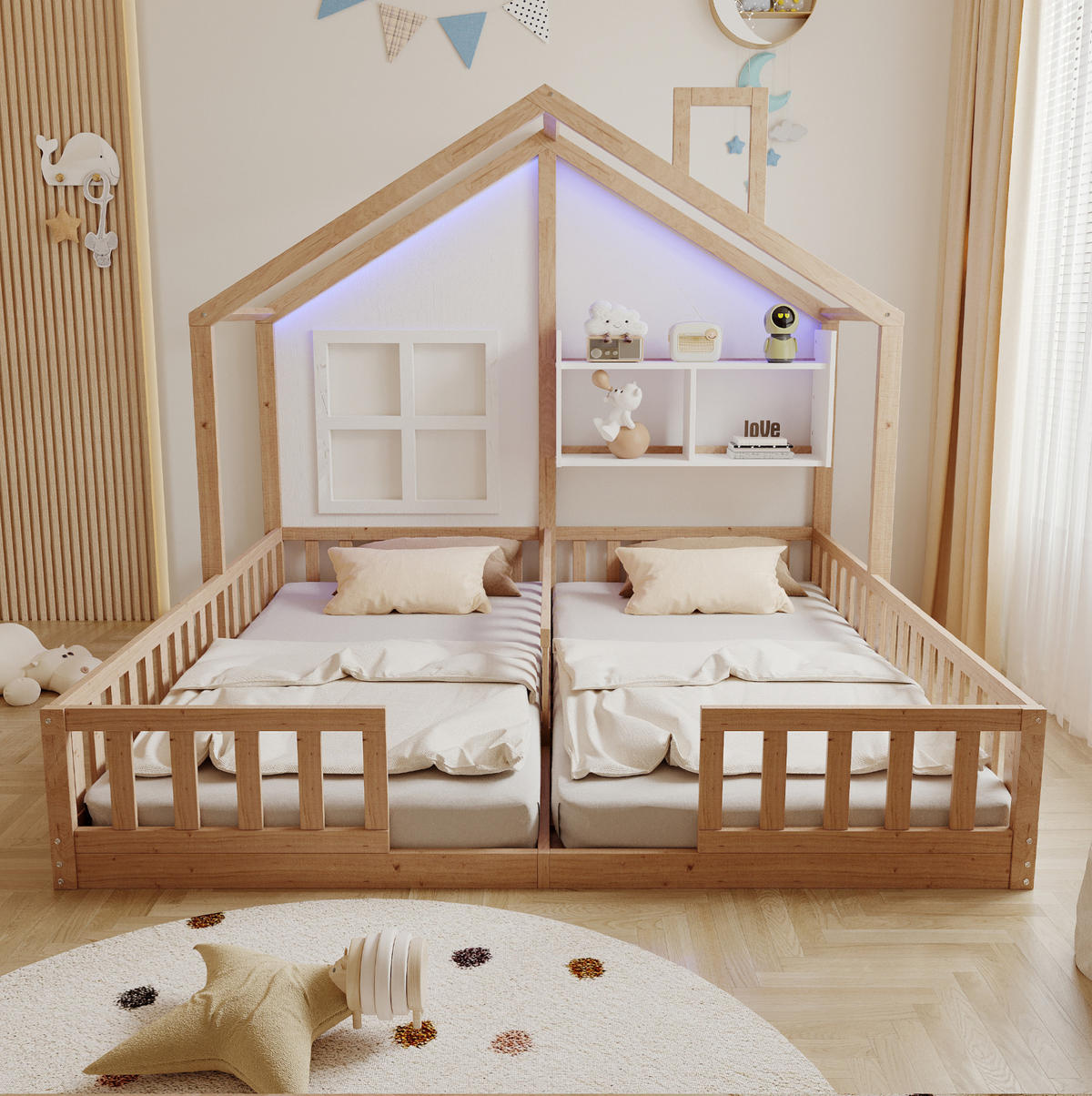 KINDERBETT 90/200 cm mit LED-Beleuchtung, Hausdesign, Sicherheitsgittern und Ablagefächern, Natur Holzwerkstoff - Naturfarben, Holzwerkstoff (90/200cm) - Redom