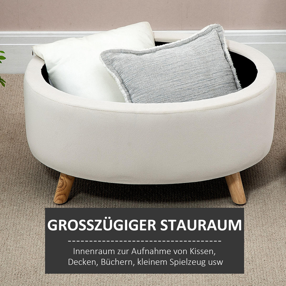 SITZBANK mit Stauraum, Oval Polsterbank mit Deckel, Bettbank mit Samtoptik Beige - Blau, Kunststoff (51.5/42/71cm) - HOMCOM