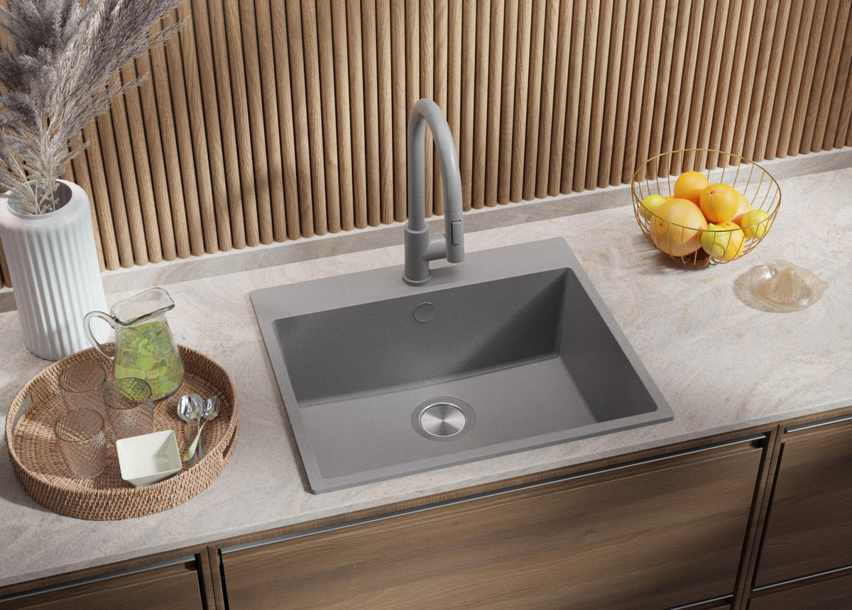 SPÜLBECKEN Riga, 2-er set Grau 58/50 cm 1 Becken + Ablauf-Set ab 60er Unterschrank - Chromfarben/Grau, Kunststoff (58/20/50cm) - Primagran