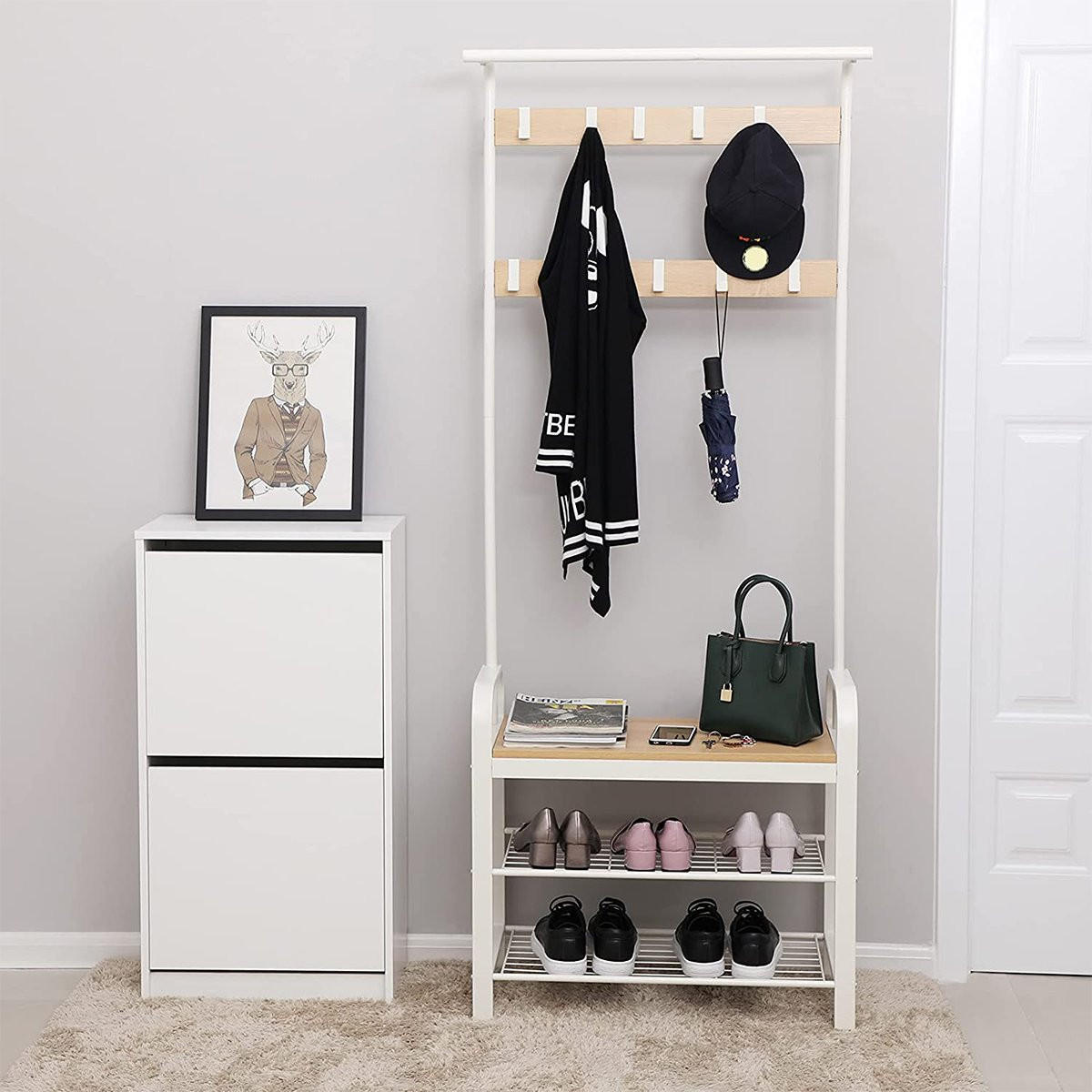 GARDEROBENSTÄNDER mit Regalen für Schuhe - H183 cm - Weiß, Holzwerkstoff (33.7/183/72cm) - Calicosy