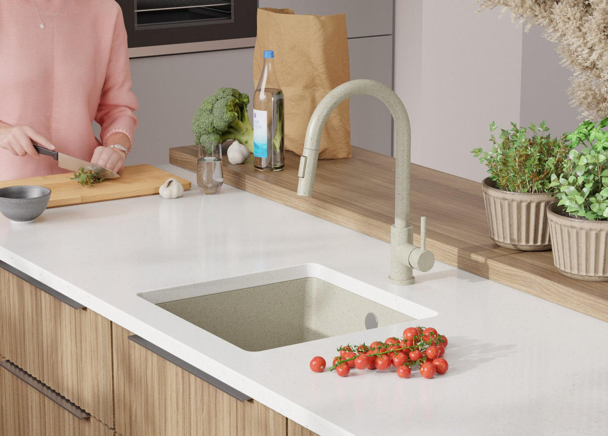 UNTERBAUSPÜLE GRANIT Venedig Easy, 2-er set Beige 46/44 cm 1 Becken + Küchenarmatur 38/14 cm + Ablauf-Set ab 50er Unterschrank - Beige, Kunststoff (46/20/44cm) - Primagran