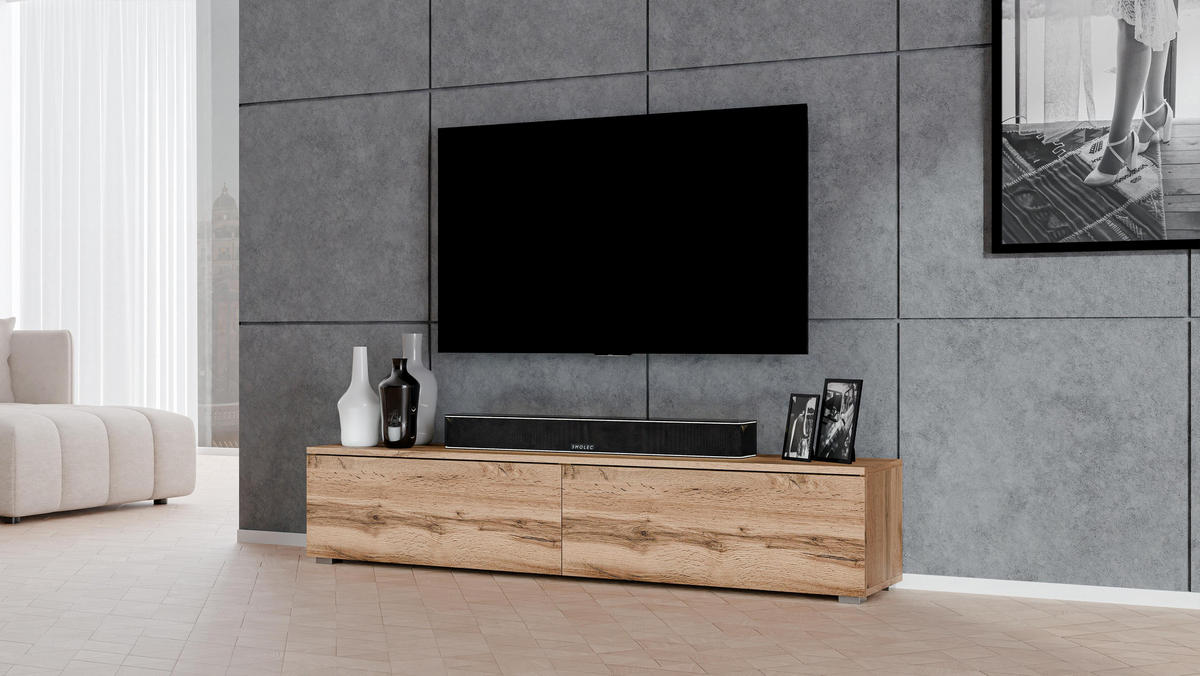 LOWBOARD Loriano 180 Eiche Wotan 180/36,5/32 cm – Hängend und Stehend - Braun, Holzwerkstoff/Kunststoff (180/36.5/32cm) - AX Living