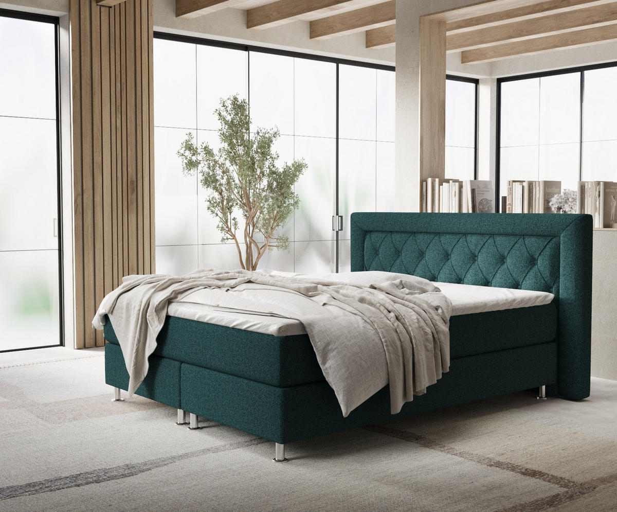 BOXSPRINGBETT Lavello Grün 200/200 cm mit Latex-Topper - Silberfarben/Grün, Holz/Holzwerkstoff (200/200cm) - Maison de Reve