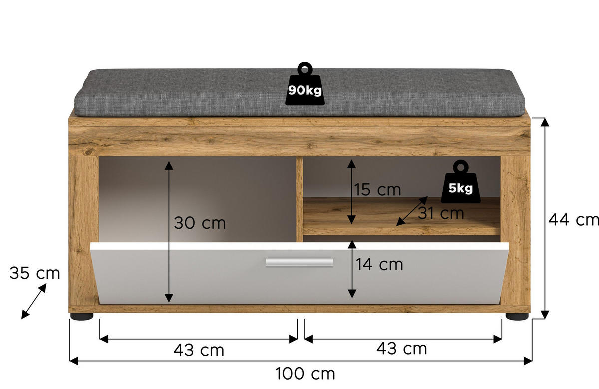 SITZBANK inkl. Sitzkissen Milo (B/H/T: ca. 100/44/35 cm) in Wotan Eiche Nachbildung/weiß - Eichefarben, Holzwerkstoff (10/4.4/3.5cm)