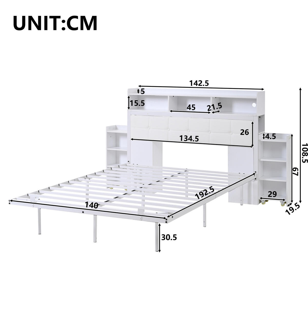 POLSTERBETT aus Metall 140x190 cm Weiß mit LED, USB-/USB-C-Ladestation und 2 ausziehbaren Nachttischen - Weiß, Metall (140/190cm) - Modfu