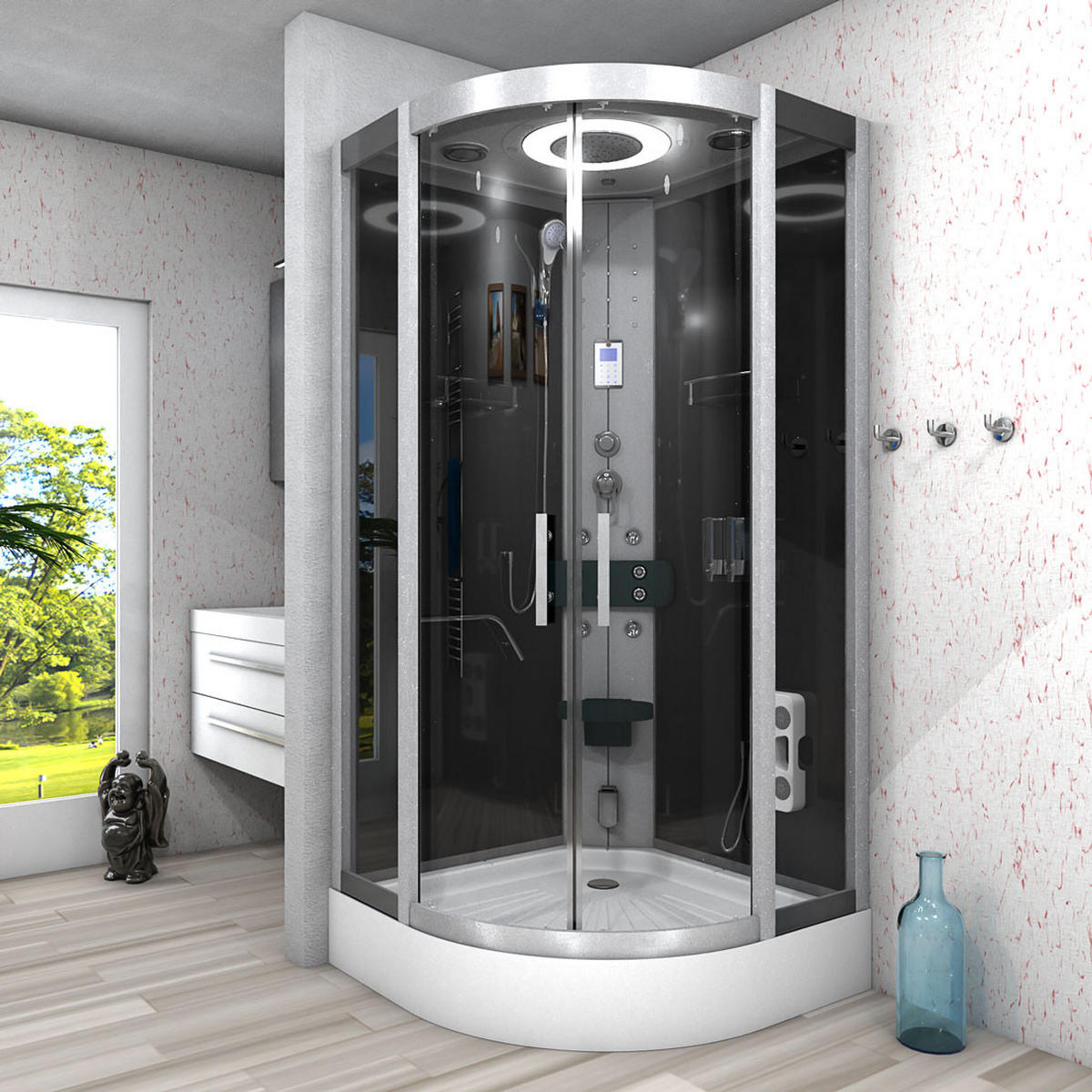 DAMPFDUSCHE Duschkabine D58-23T2-EC sw 100x100 - Schwarz, Glas/Kunststoff (100/100/215cm) - AcquaVapore by Sandra Jentho