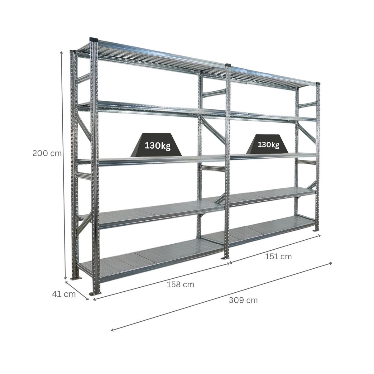 FACHBODENREGAL Proximo 200x300x50cm 5 Ebenen Fachlast 130 kg Beidseitig nutzbar Verzinkt - Silberfarben, Metall (300/200/50cm) - PROREGAL