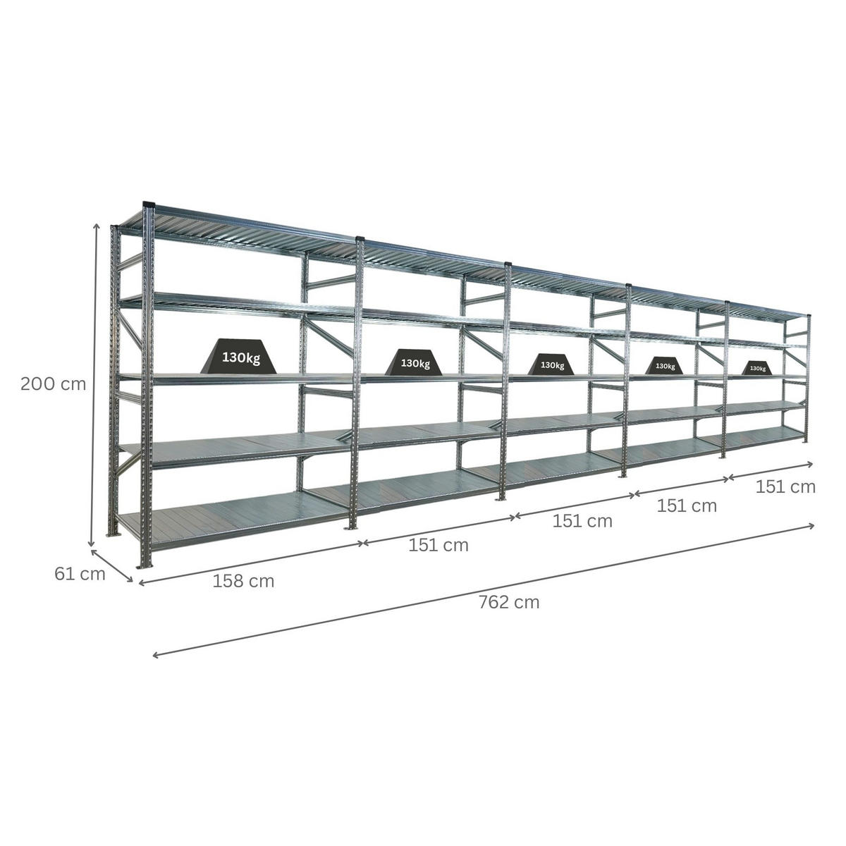 FACHBODENREGAL Proximo 200x750x60cm 5 Ebenen Fachlast 130 kg Beidseitig nutzbar Verzinkt - Silberfarben, Metall (750/200/60cm) - PROREGAL