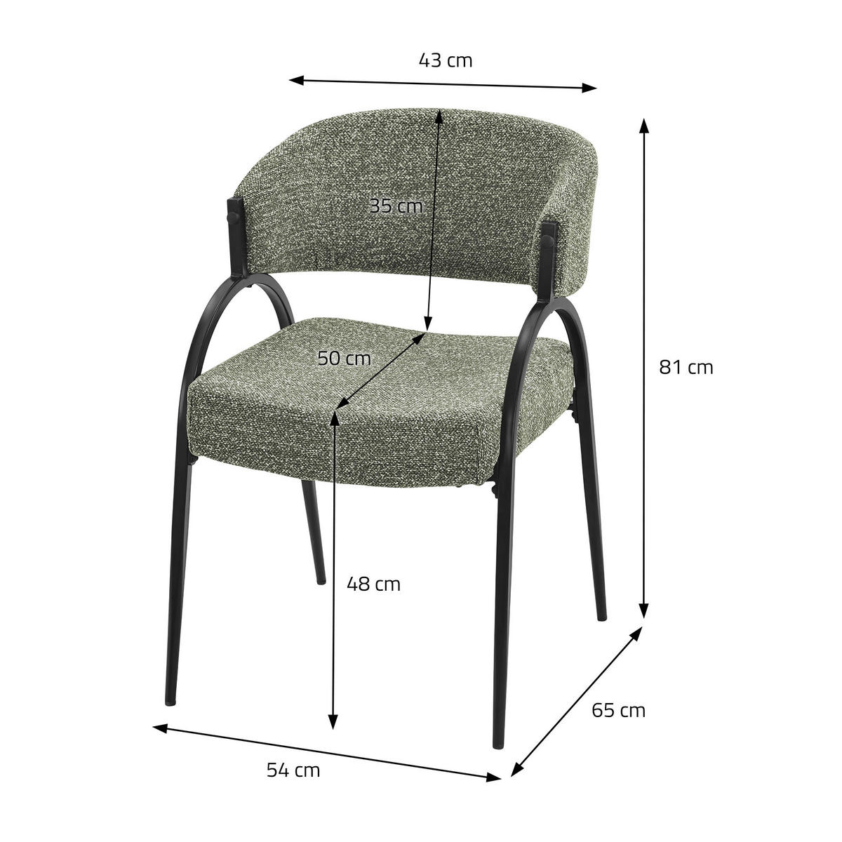 ESSZIMMERSTUHL 2er Set Küchenstühle gepolstert mit Webstoff-Bezug und Arm- und Rückenlehne Grün - Schwarz/Grün, Textil/Metall (54/81/65cm) - ML-DESIGN