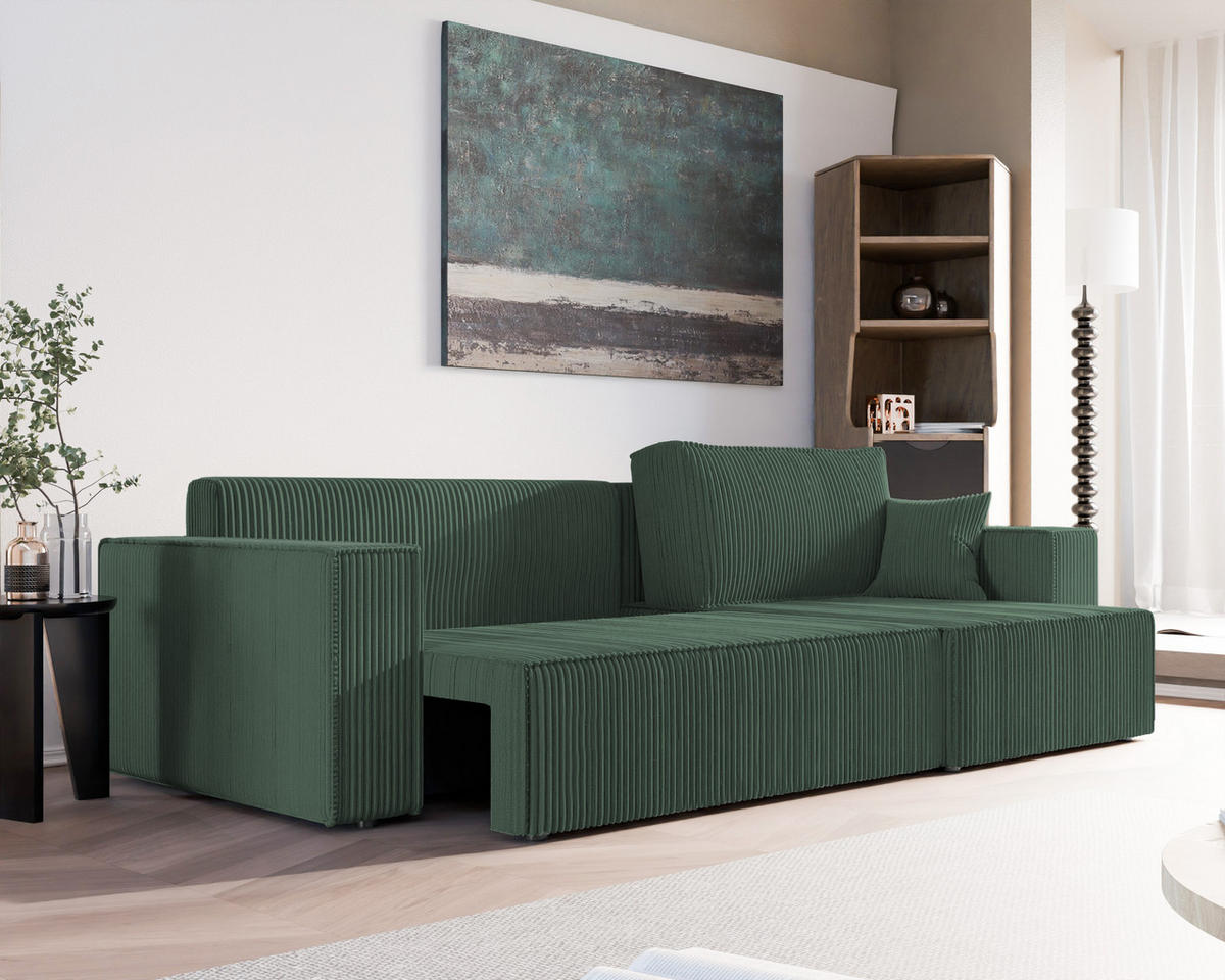ECKSOFA mit Schlaffunktion und Bettkasten, Grün - Grün, Holzwerkstoff/Textil (145/276cm) - Idohome