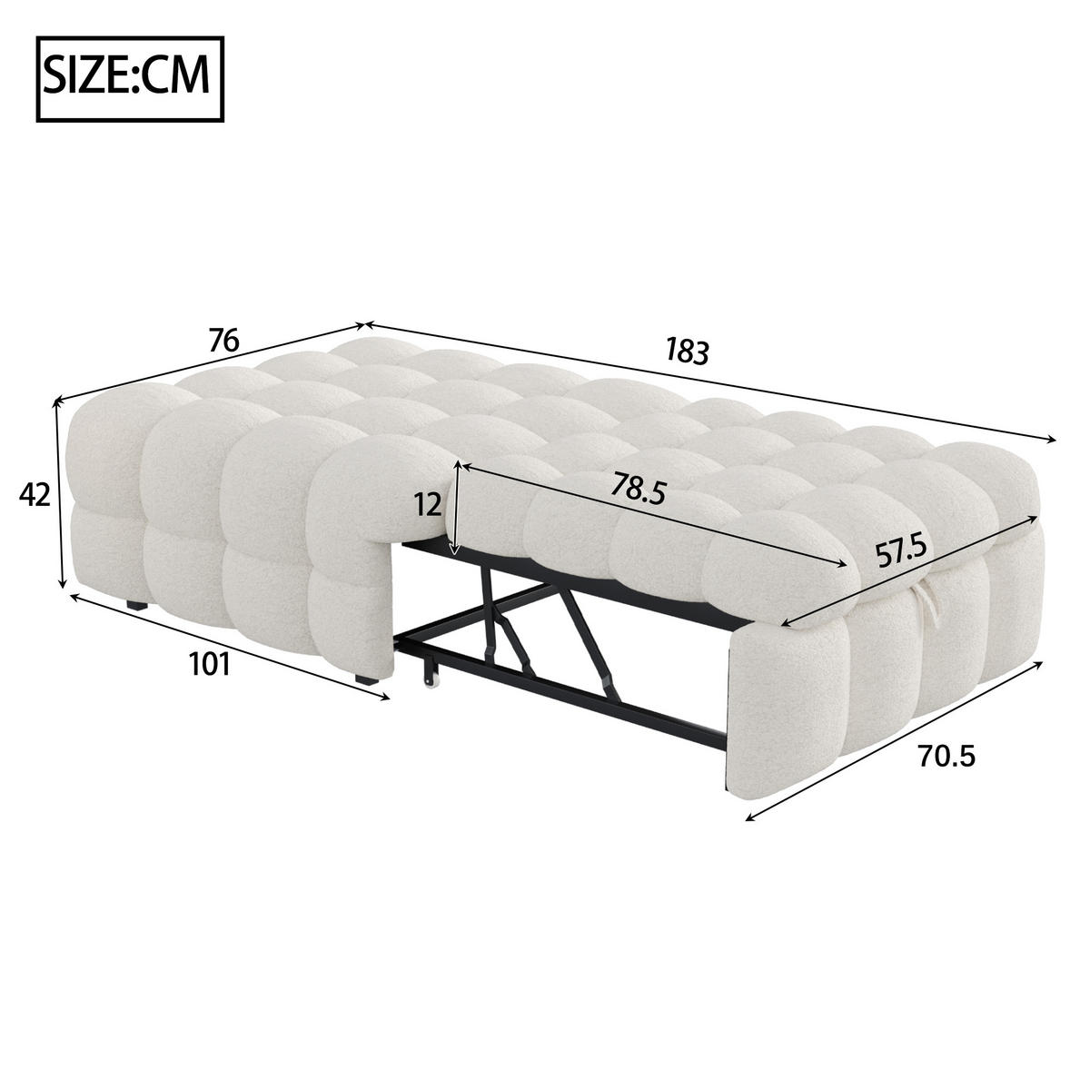 SCHLAFSOFA 183/76/42 cm Beige 2-in-1 Schlafsofa aus Teddy-Stoff mit Fußhocker - Creme, Textil (76/42/183cm) - OKWISH