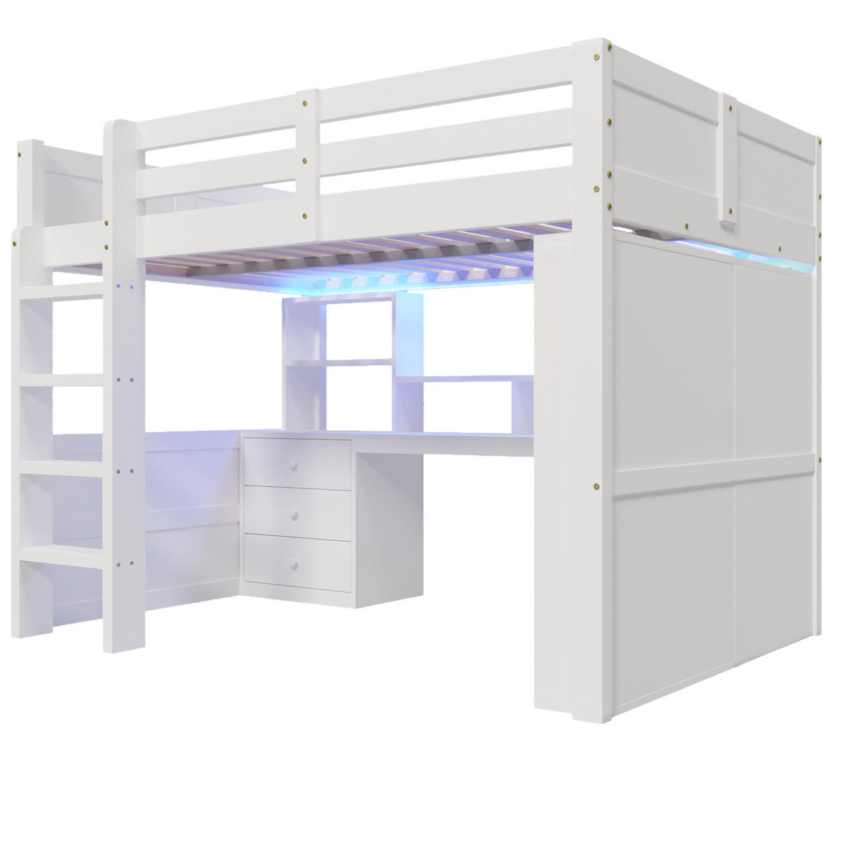 HOCHBETT 140/200 cm Weiß mit LED-Beleuchtung aus Kiefernholz mit Schreibtisch und Stauraum - Weiß, Holzwerkstoff (140/200cm) - OKWISH