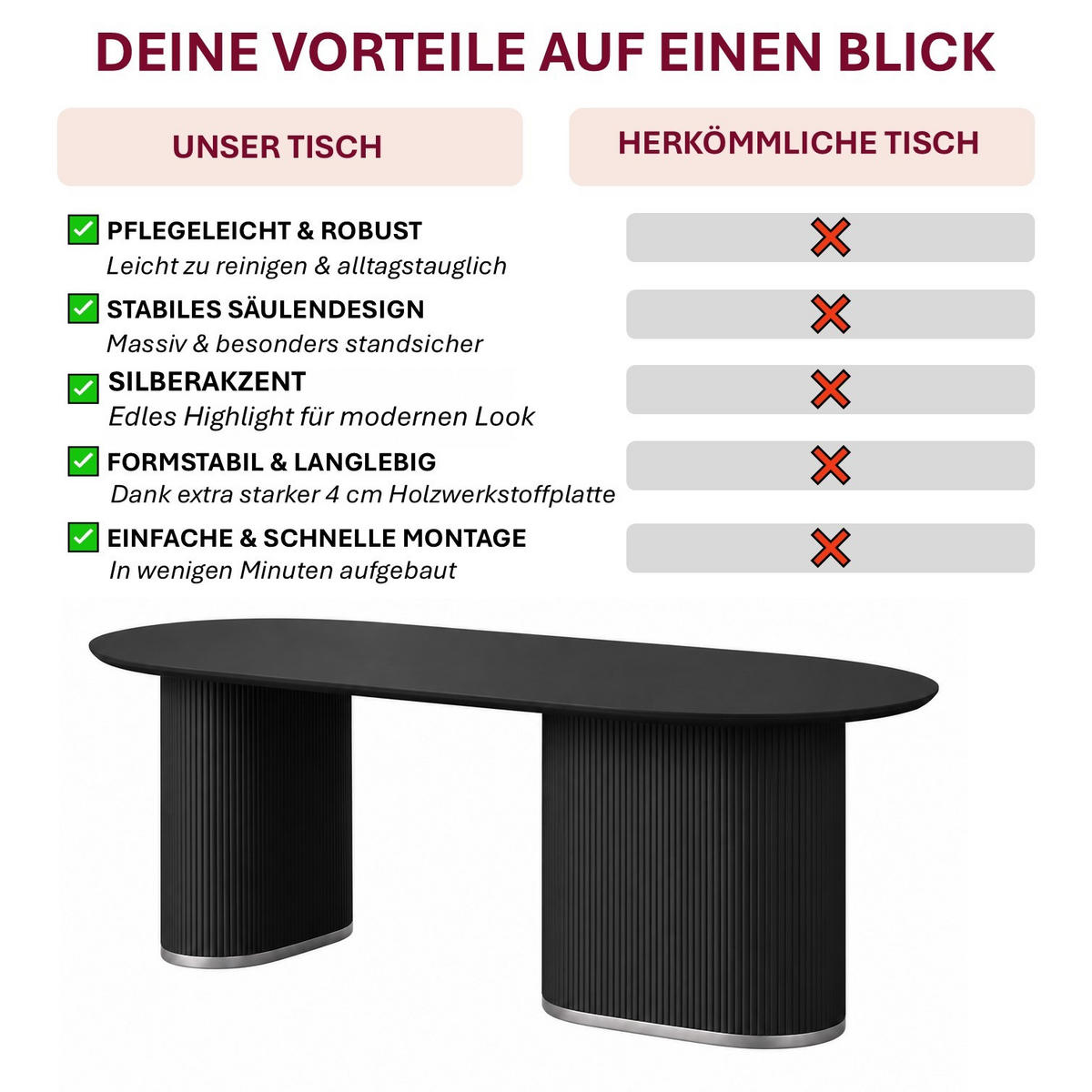 ESSTISCH Oval Schwarz 180 × 90 cm geriffeltes Säulengestell mit silberfarbenen Akzenten - Schwarz, Holzwerkstoff (90/180/76cm) - HOOZ