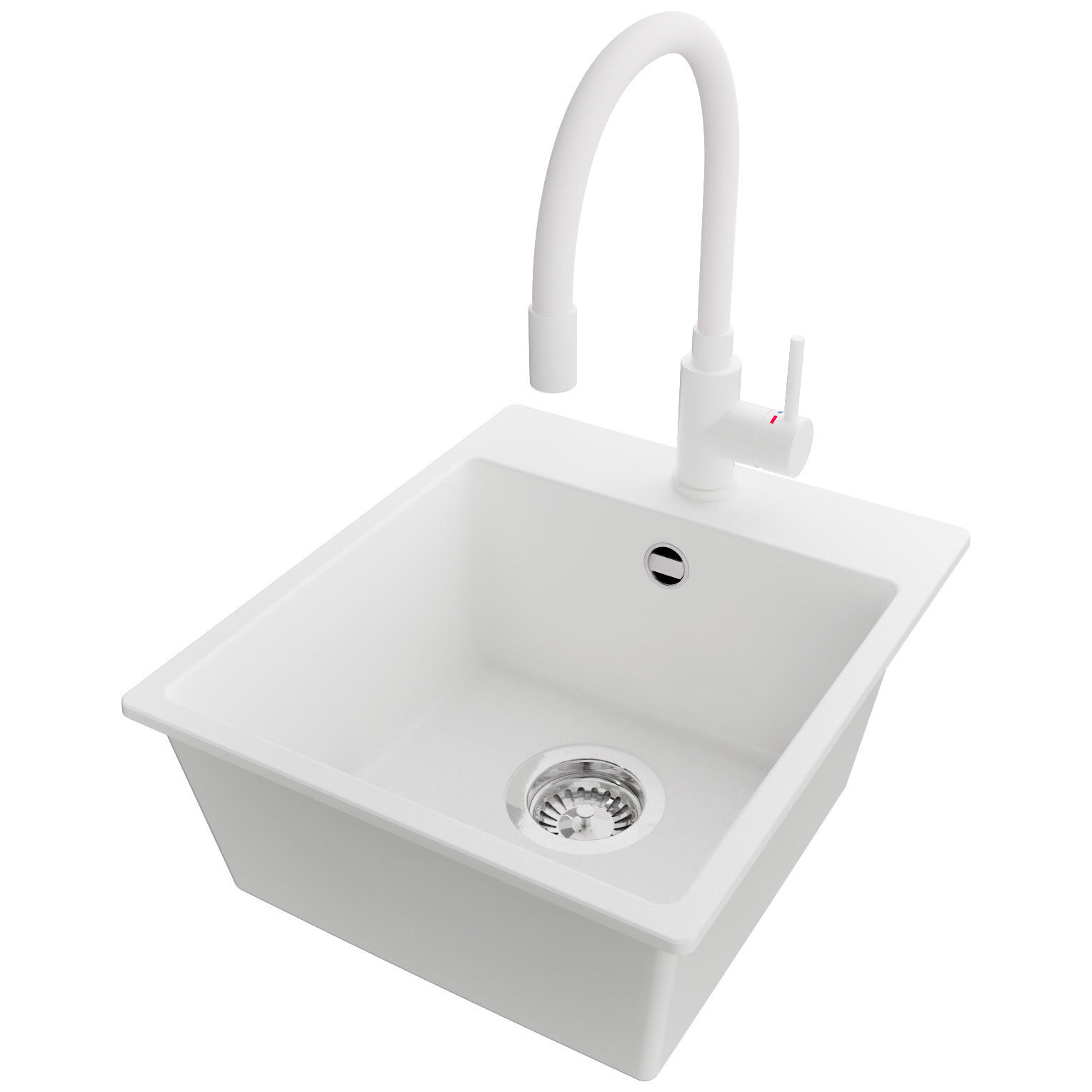 GRANITSPÜLE Riga Easy, 2-er set Weiß 38/44 cm 1 Becken + Küchenarmatur 38/14 cm + Ablauf-Set ab 40er Unterschrank - Chromfarben/Weiß, Kunststoff (38/19/44cm) - Primagran