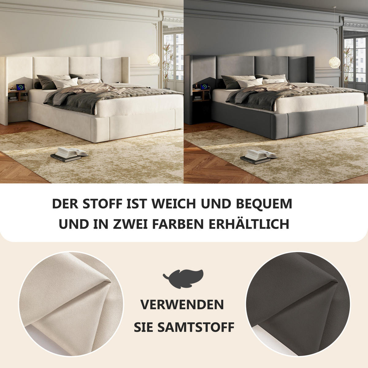 POLSTERBETT 160/200 cm aus Samt mit Bettkasten, 2 Nachttischen und USB - Beige, Textil (160/200cm) - Flora Grace