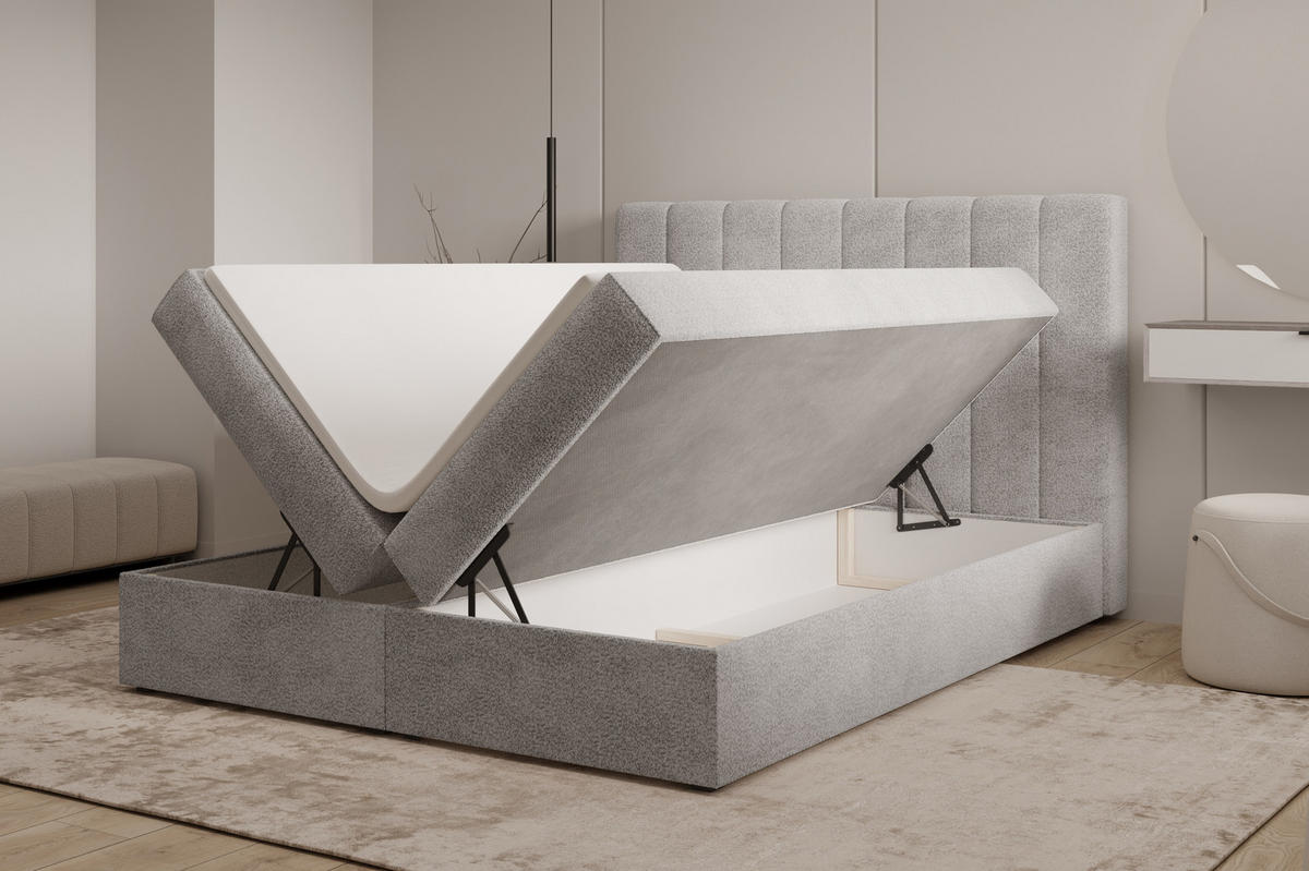 BOXBETT 01 140 x 200 cm - Arena – Stilvoll und bequem Mit Bettkasten, PU-Topper, Federmechanismus, waschbarer Bezug - Grau, Holz (140/200cm) - ROYAL24_MARKT