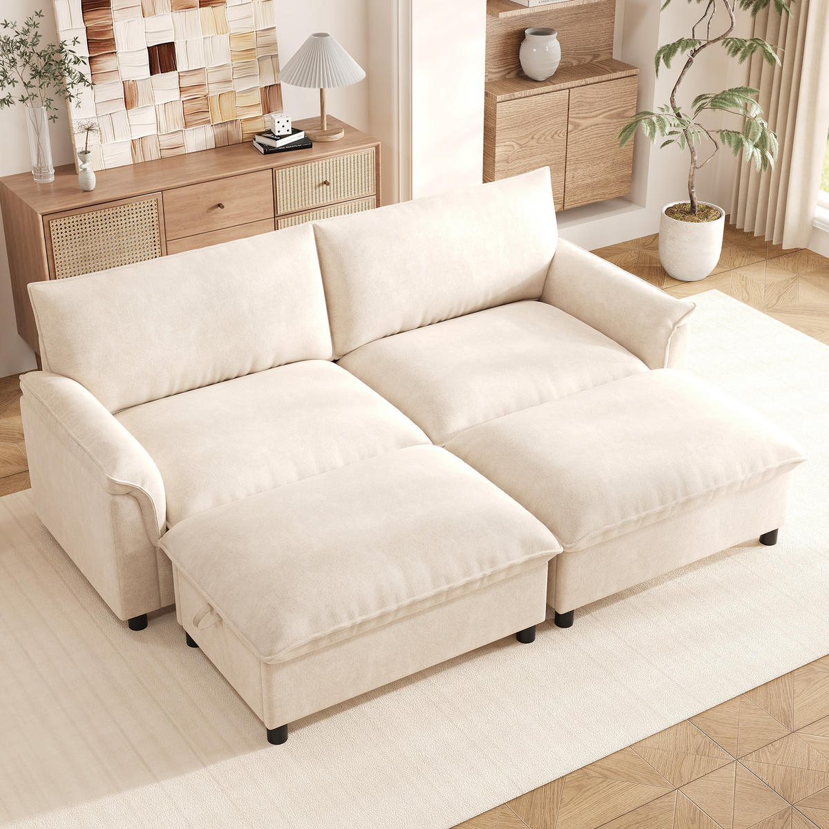WOHNLANDSCHAFT mit 2 Aufbewahrungs-Ottomane 216/142/82 cm Beige - Beige, Textil (77/82/216cm) - Oxeza