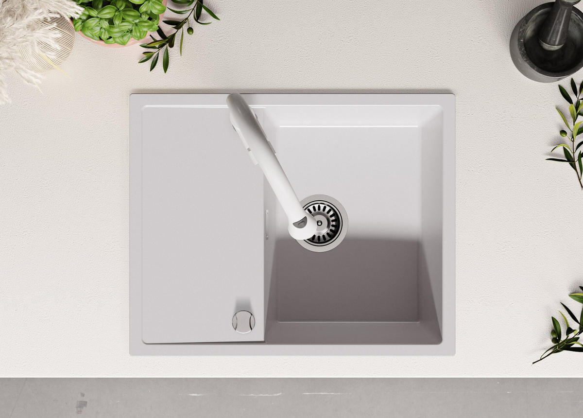 GRANITSPÜLE Ibiza, 2-er set Alles Weiß 62/50 cm 1 Becken + Küchenarmatur 38/14 cm + Ablauf-Set ab 45er Unterschrank - Weiß, Kunststoff (62/19/50cm) - Primagran