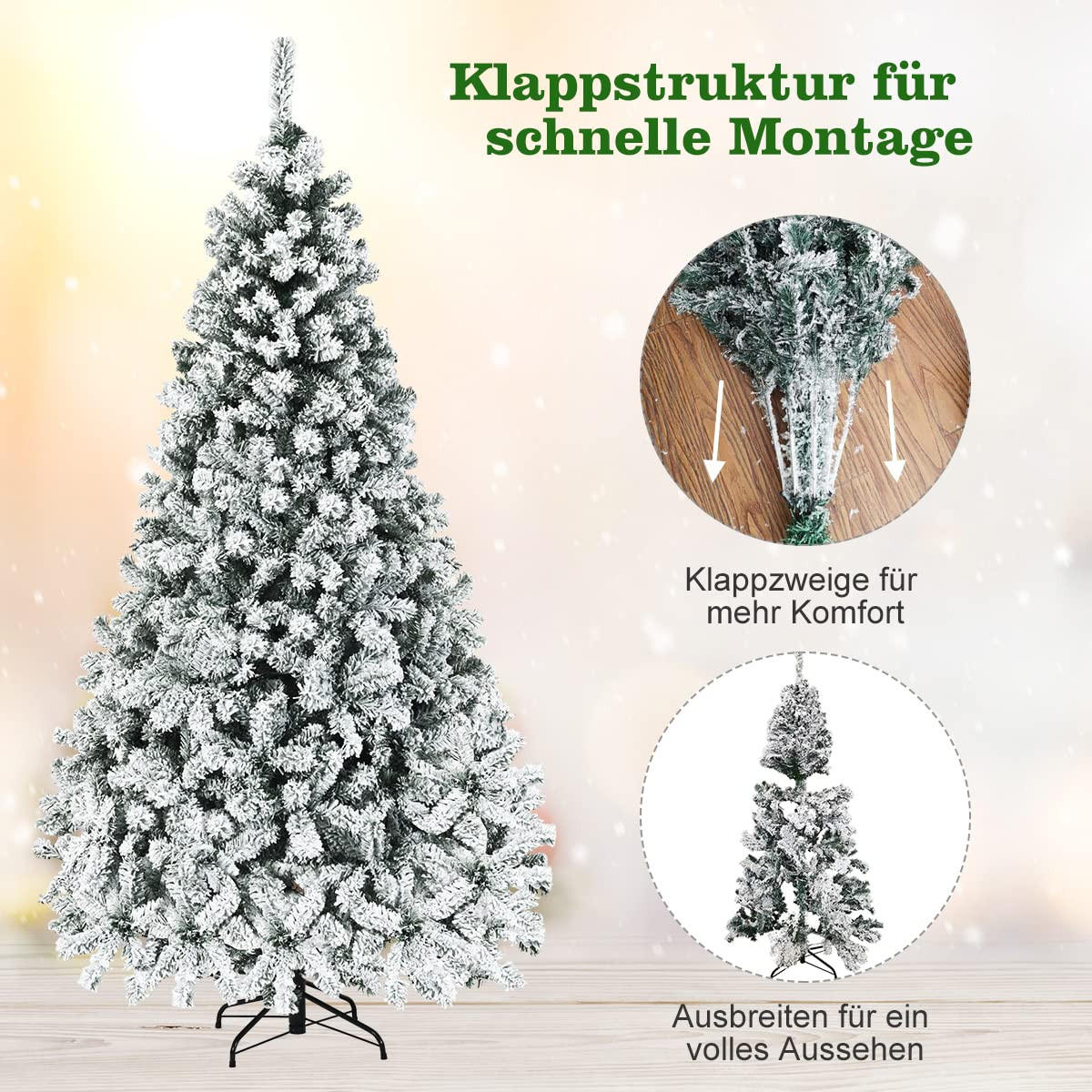 WEIHNACHTSBAUM mit Schnee und warmweissen LED-Lichtern 225cm Weiß - Weiß, Metall (225cm) - COSTWAY