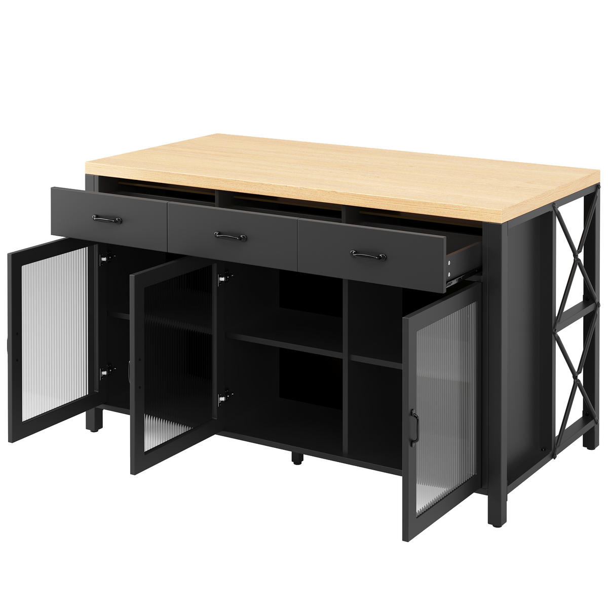 KÜCHENINSEL 150/80/90 cm Schwarz mit 3 Schubladen, 3 Glastüren und Verstellbare Füße - Schwarz, Holz/Holzwerkstoff (150/90/80cm) - Oxeza