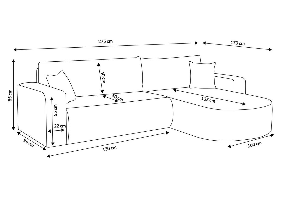 ECKSOFA TOKIO mit Schlaffunktion und Bettkasten, Farbe: Grau, Cordstoff, Ottomane Universal - Grau, Textil (275/170cm)