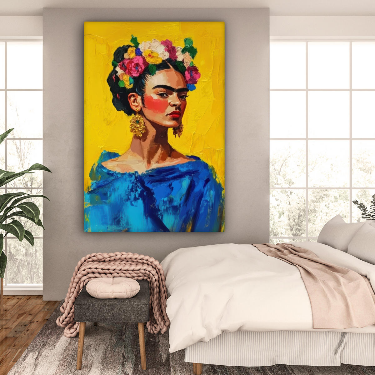 LEINWANDBILD Frida Kahlo - Frau - Gelb - Blau - Blumen Deko Groß 90x140 cm - Gelb, Textil (90/140cm) - MuchoWow