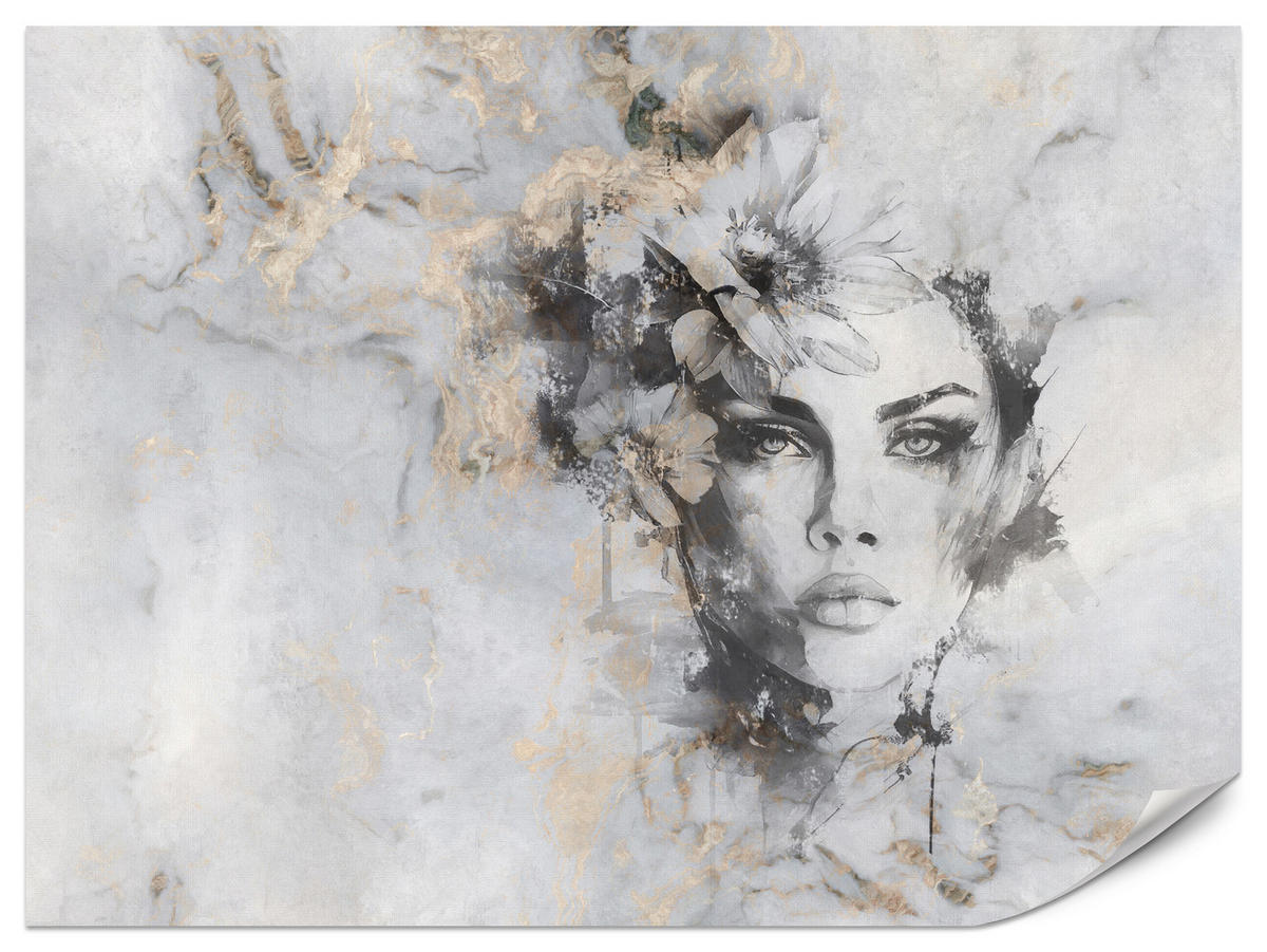 FOTOTAPETE für Wohnzimmer Frau Porträt Beton Blumen Modern 200x140 - Beige/Schwarz, Papier (200/140cm) - Muralo