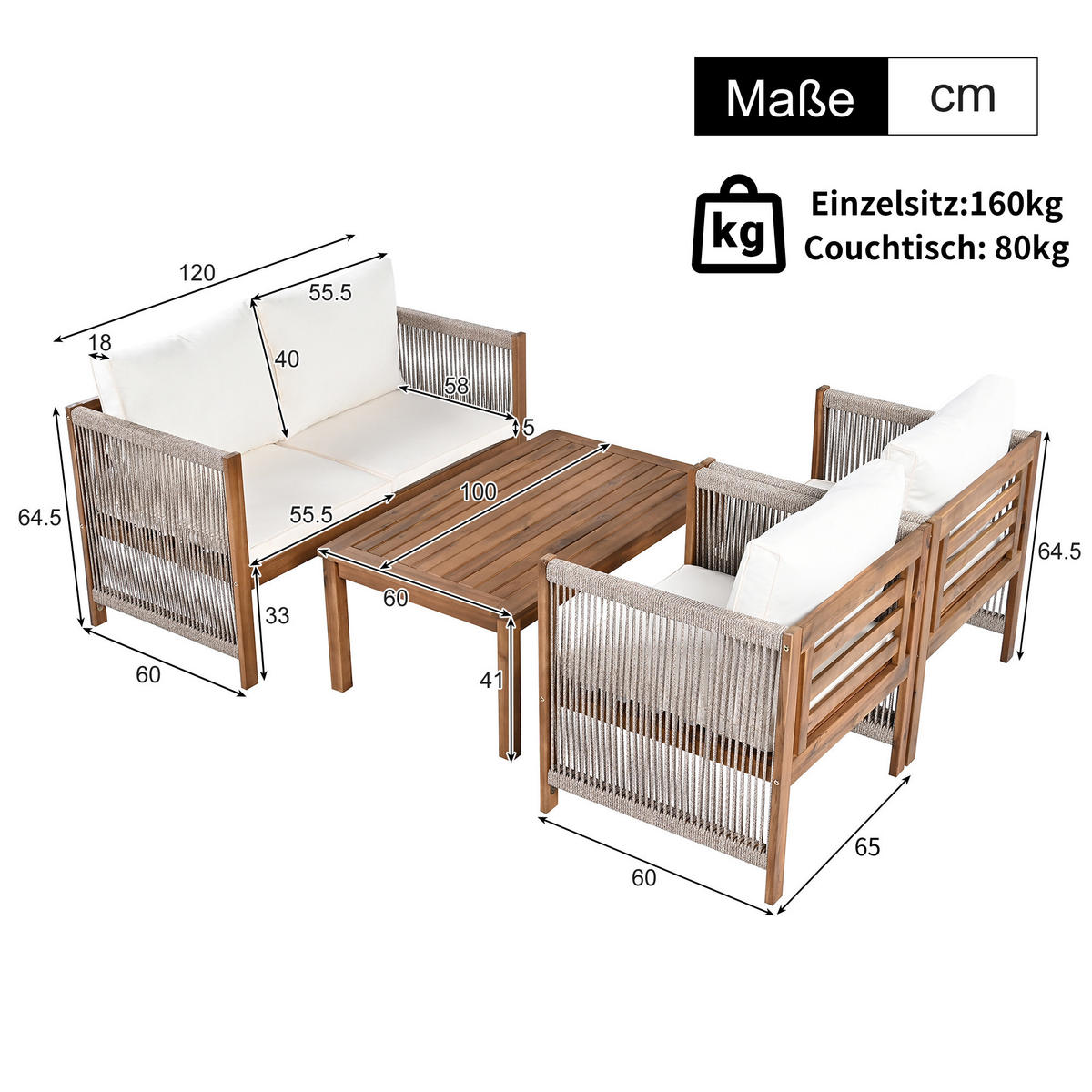 LOUNGESET Beige Akazie Rattanoptik Doppelsofa 2 Sessel Tisch - Beige, Textil - FLIEKS