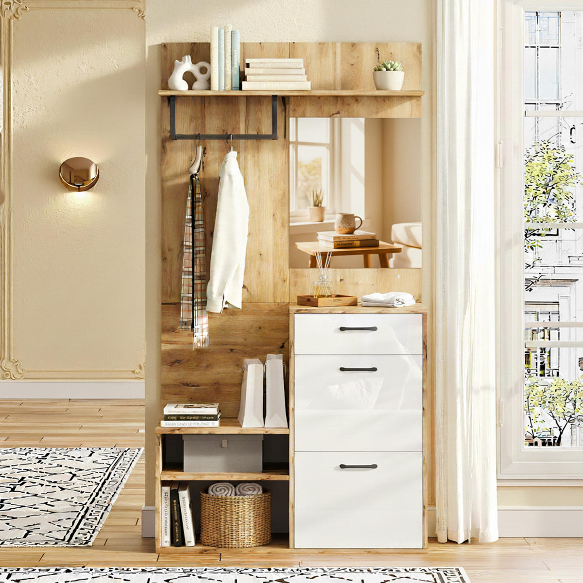 GARDEROBEN-SET 100 cm Weiß Hochglanz & Natur – Kompaktgarderobe mit Spiegel, Schuhbank & Klapptüren - Naturfarben, Holzwerkstoff (100/190/38.5cm) - Urban Meuble