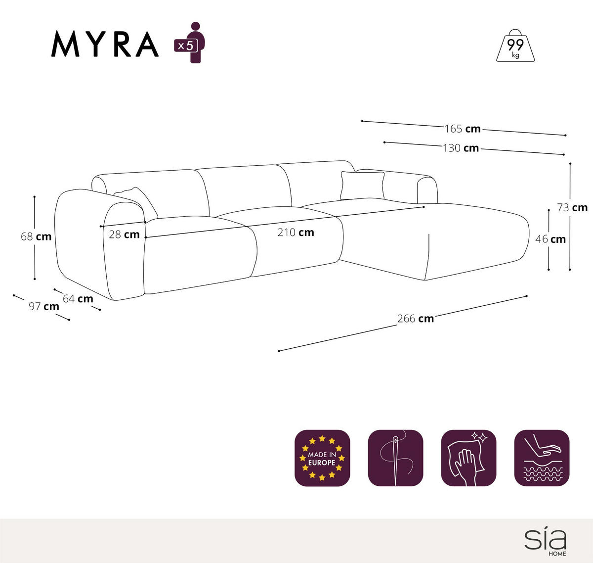 WEITWINKEL-SOFA rechts Tissu tramé Hellgrau 280cm - Hellgrau/Grau, Textil (280/165cm) - Sia Home