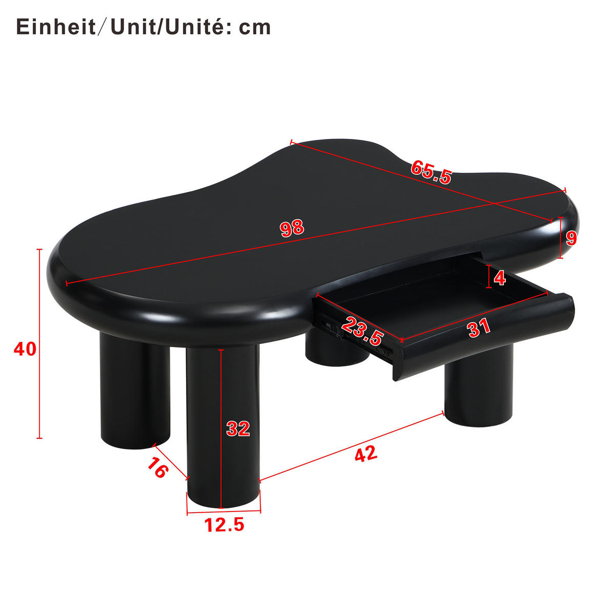COUCHTISCH aus MDF 98x65,5x40 cm in Schwarz mit Schublade & LED-Beleuchtung - Schwarz, Holzwerkstoff (98/65.5/40cm) - Modfu