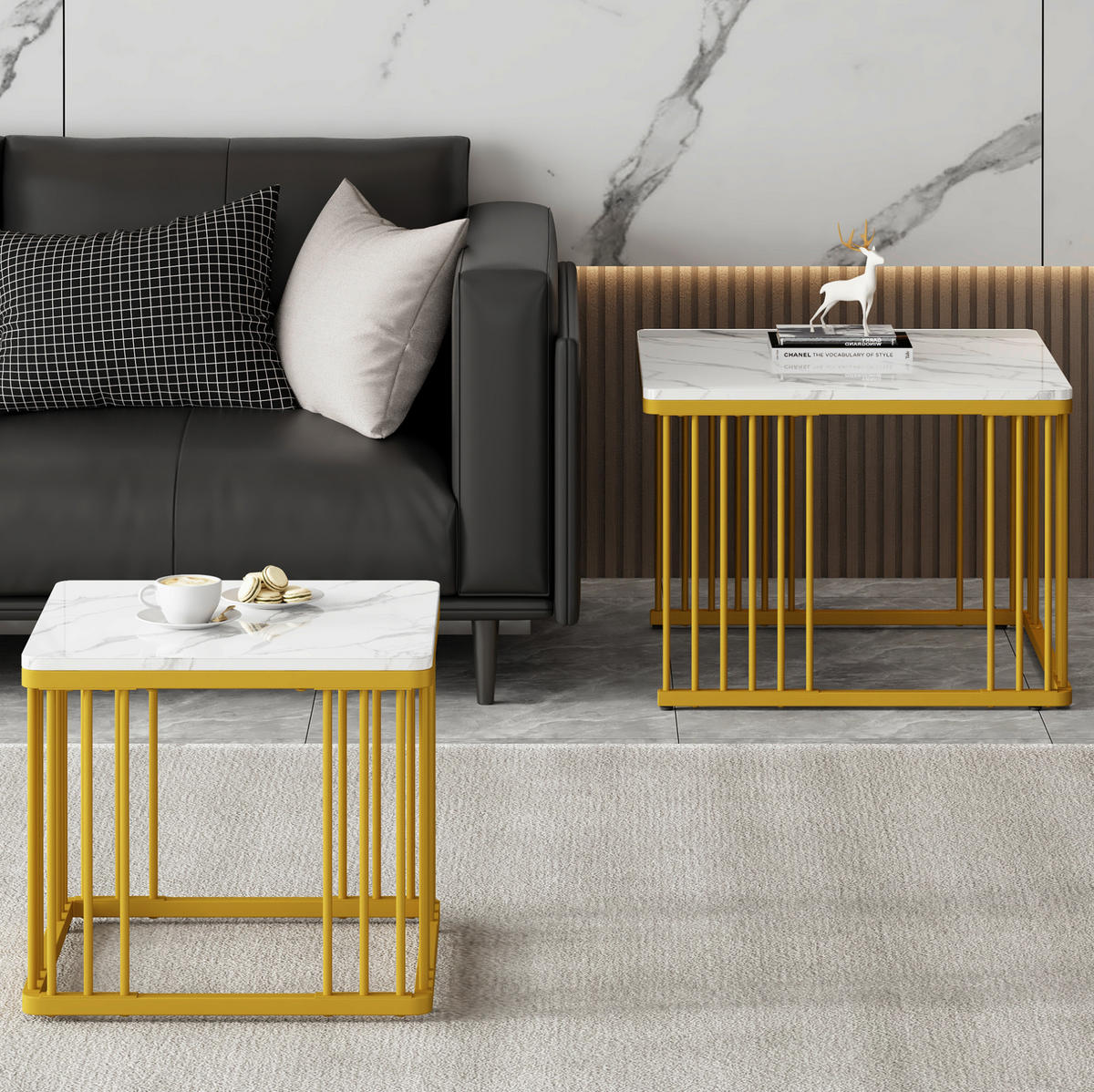 COUCHTISCH-SET aus MDF 60x60x45 cm und 45x45x40 cm Weiß in Marmoroptik, ineinanderschiebbar - Weiß, Holzwerkstoff (60/60/45cm) - IVMEU