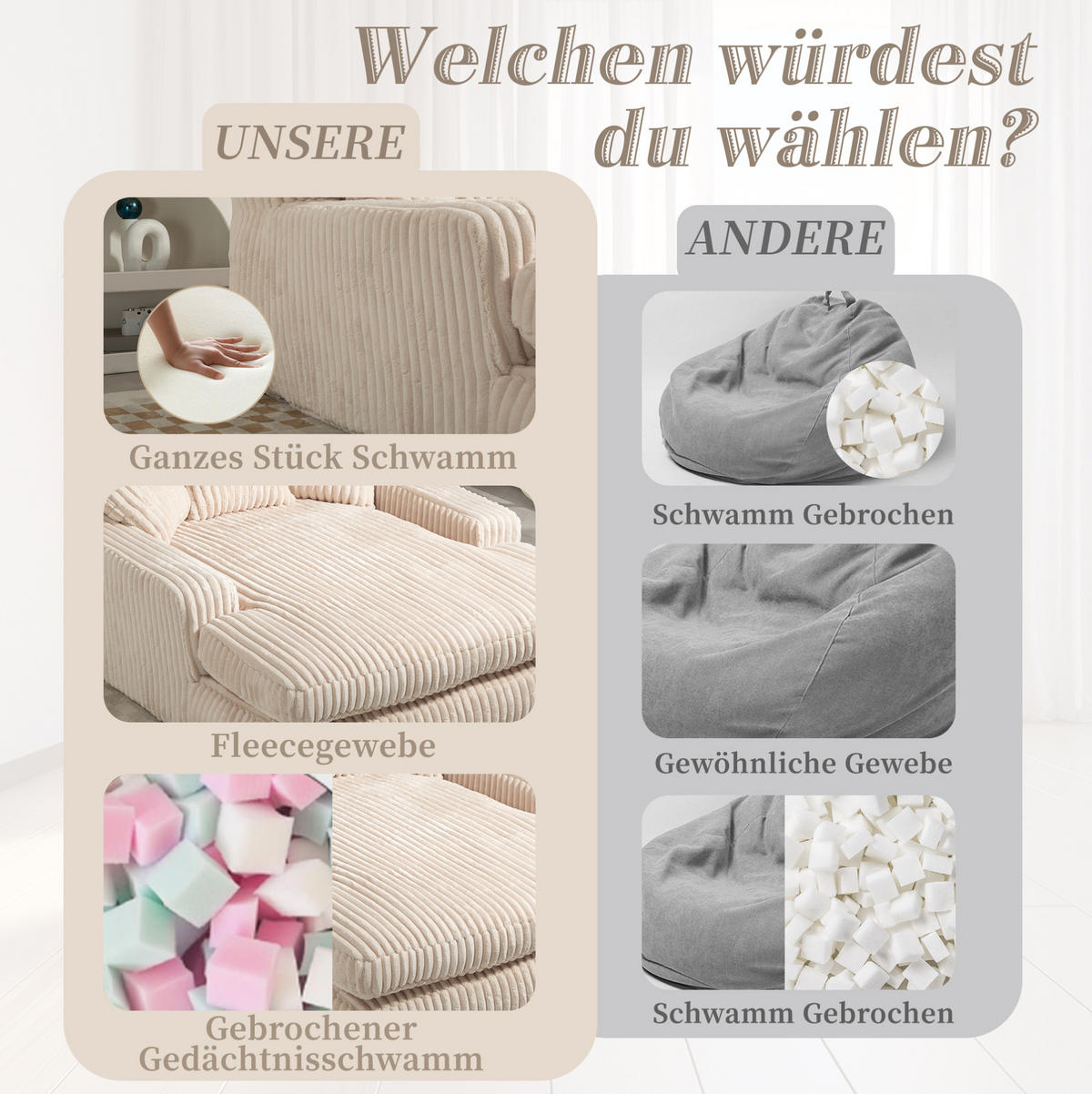 BIGSOFA Chaiselongue Cord mit 3 Kissen 125/155/63 cm Beige - Beige, Textil (63/125/155cm) - Redom