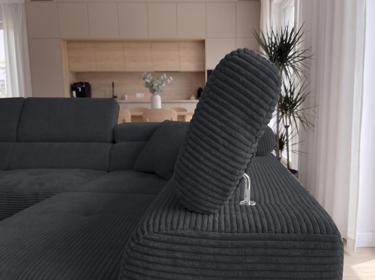 ECKSOFA L Form Konak Schwarz 276/201/90 cm Rechts mit Schlaffunktion - Silberfarben/Schwarz, Textil/Metall (276/203cm) - AX Living