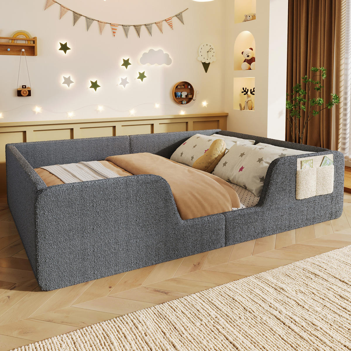 KINDERBETT 140/190 cm mit abnehmbaren Seitengittern, Stofftasche und Veloursbezug, Grau - Grau, Textil (140/190cm) - Redom